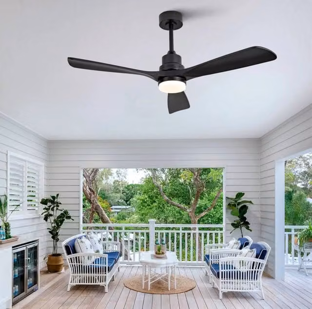 Ventilatore da soffitto con luce 132 cm, metallo/legno nero, 6 velocità –