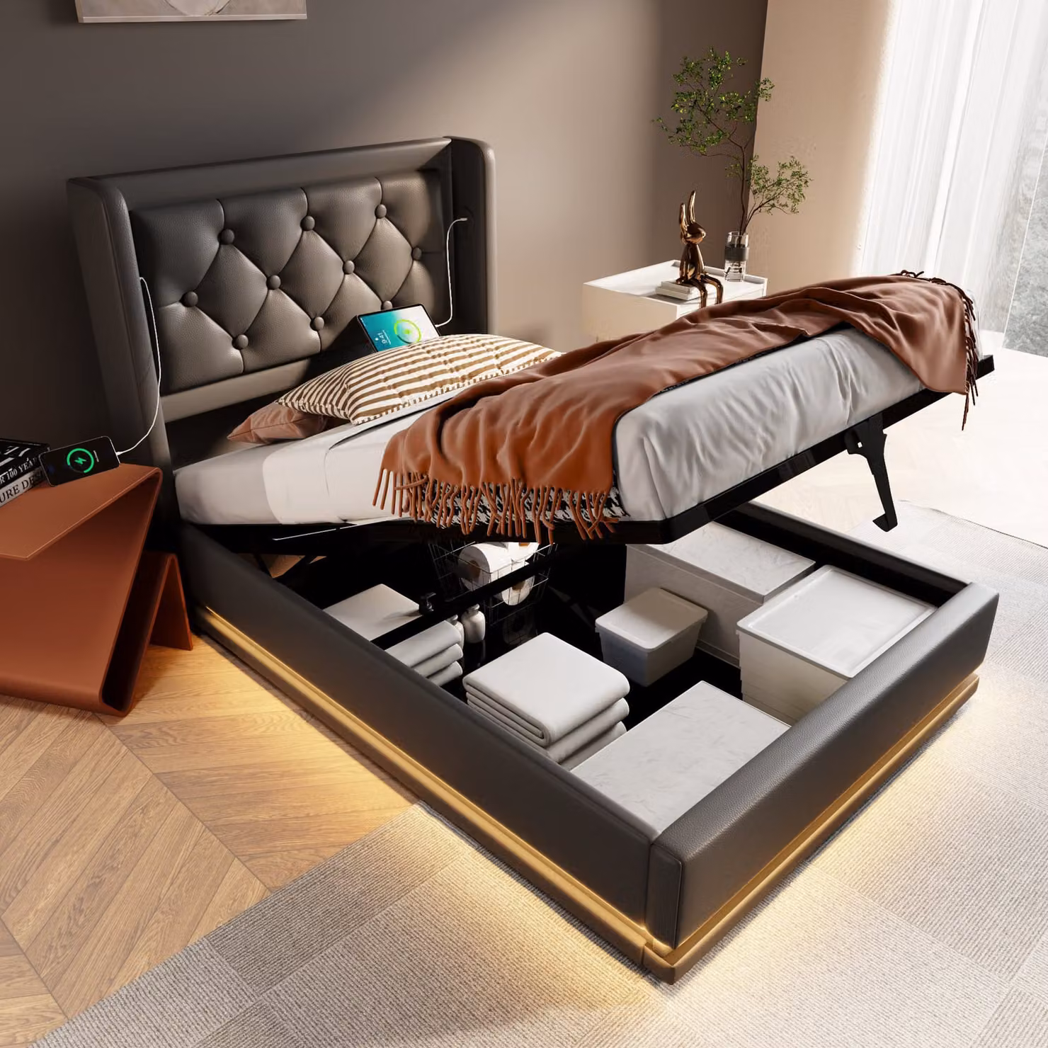 Letto imbottito STILVORA, 90x200 cm, con spazio contenitore, letto per ragazzi con illuminazione LED, testiera imbottita con funzione di ricarica USB di tipo C, colore nero (senza materasso)