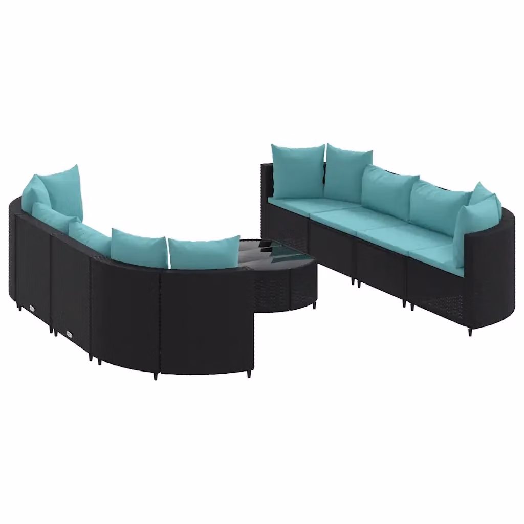 vidaXL Set Divani da Giardino 9 pz a Forma a L con Cuscini Blu e Nero in Polyrattan e Tavolino da Esterno – 2