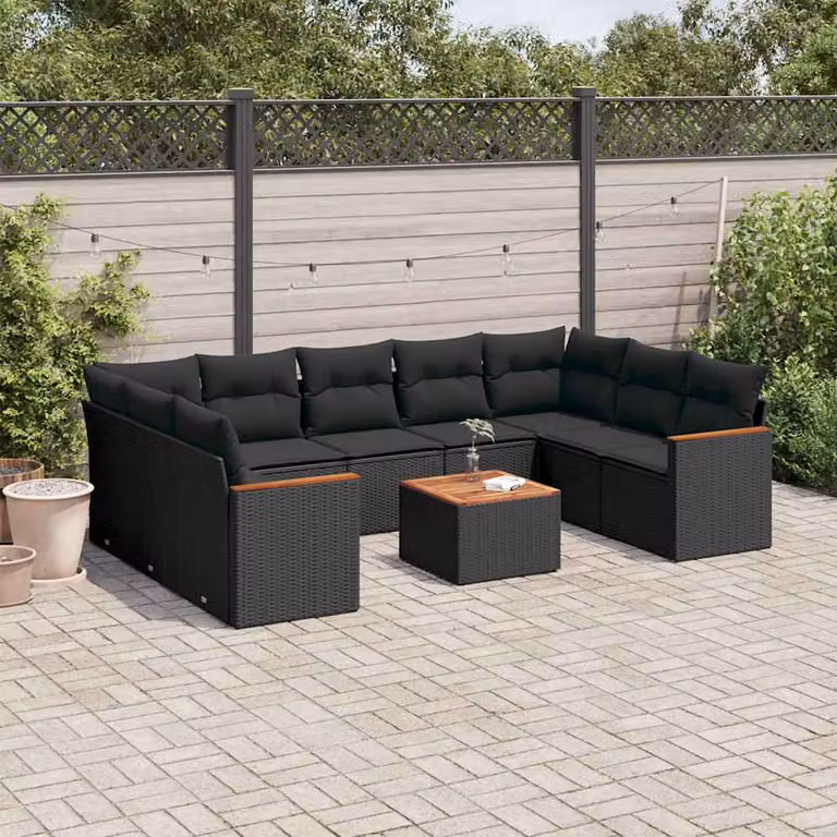 vidaXL Set Divani da Giardino a Forma di U con Cuscini e Tavolino Nero in Polyrattan e Acciaio