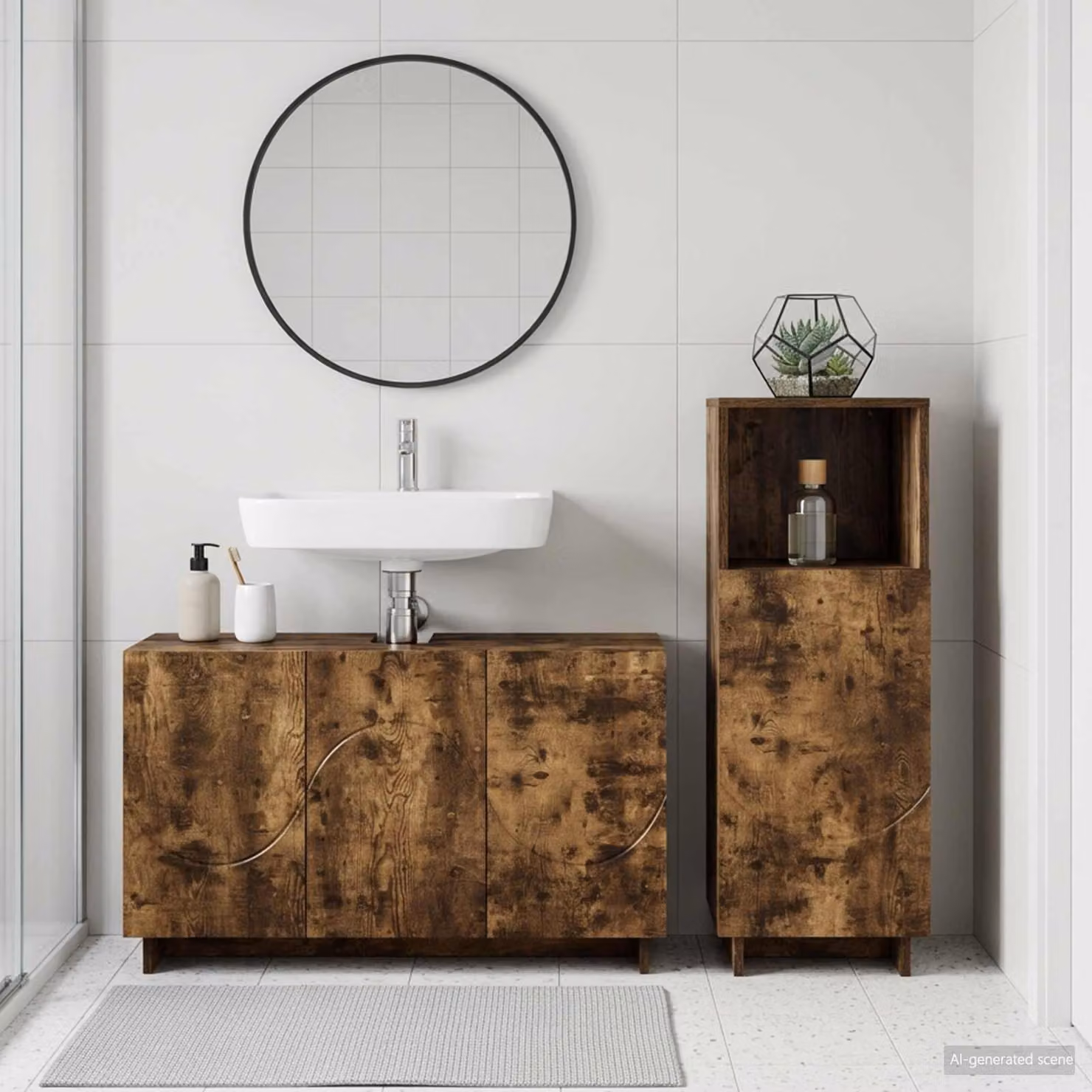 Set di mobili da bagno moderno vidaXL in legno MDF color marrone, composto da 2 pezzi con vanità e ante a cerniera, L/P/H: 101 x 41 x 58 cm