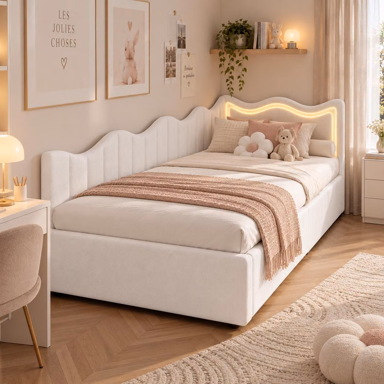 Letto imbottito trasformabile in divano, dimensioni 90x200 cm, con illuminazione LED, contenitore a sollevamento idraulico, letto per ragazzi/bambini con testiera e rete a doghe, colore bianco