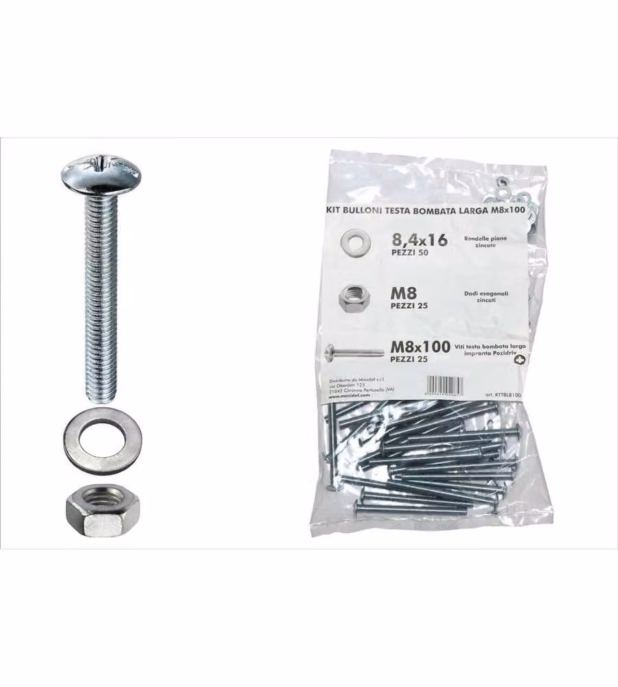 Kit viti testa bombata larga Diam. 8 x 100 + dadi + rondelle - 100 pz.