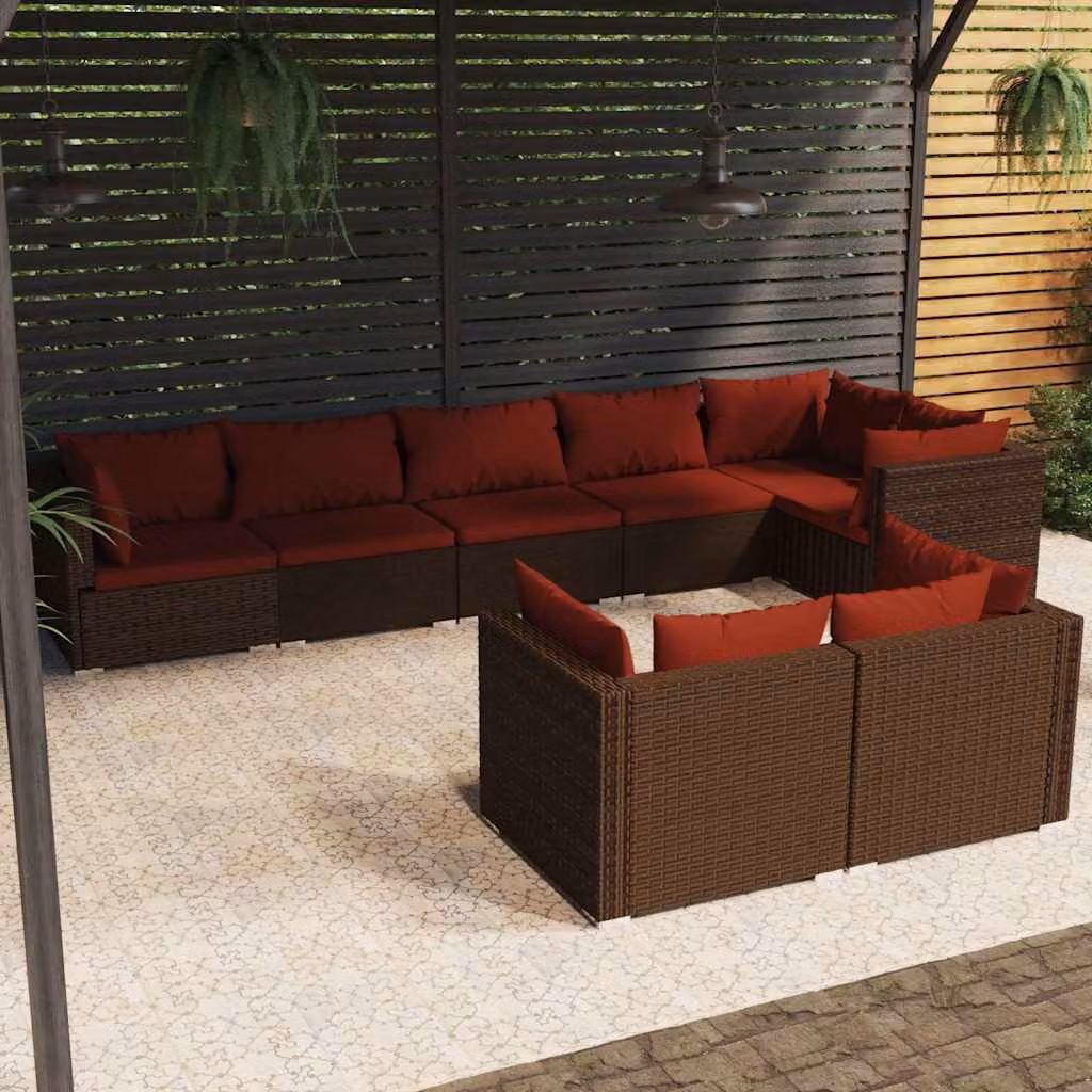 vidaXL Set Divani da Giardino 8 pz a Forma a U in Polyrattan Marrone con Cuscini e Coperture Rimovibili – 1