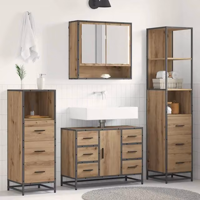 Set di mobili per il bagno moderno vidaXL in 3 pezzi color rovere con armadietto specchio, mobile lavabo e mobile laterale sospesi in legno e metallo