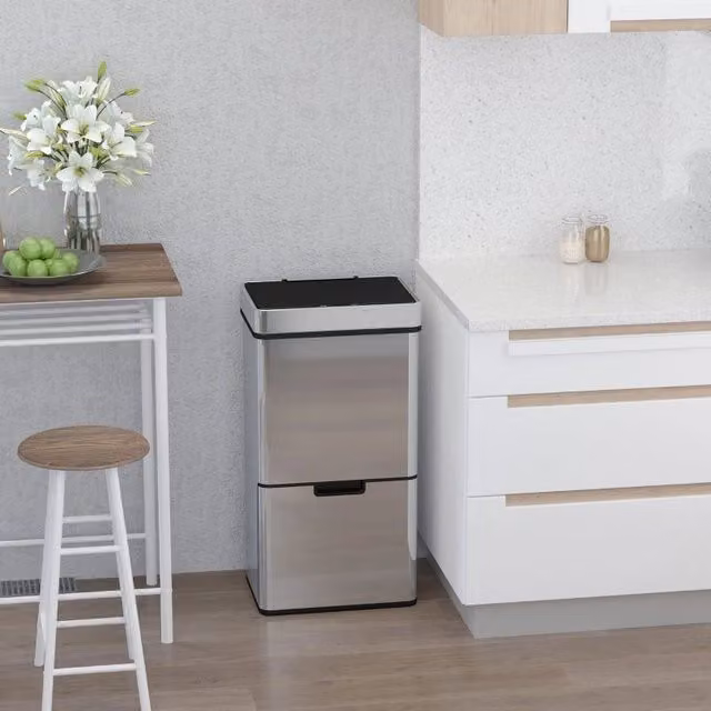 Pattumiera con sensore WISHDOR da 72 L in acciaio inox e plastica con 3 scomparti per la raccolta differenziata, colore argento – 1