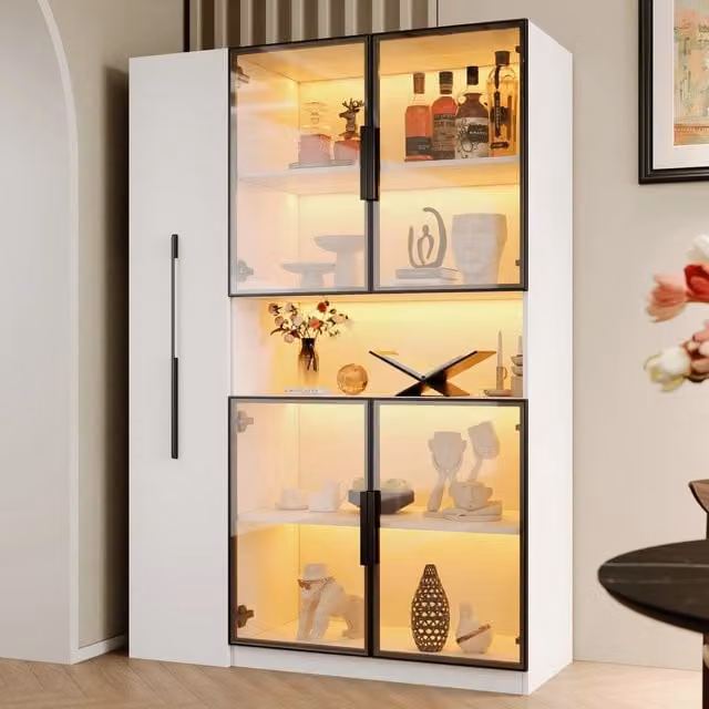 Vetrina moderna FOLYNA in MDF bianco con ante in vetro, ripiani interni e illuminazione LED multicolore per soggiorno, cucina o studio, L: 110 cm, P: 35 cm, H: 160 cm