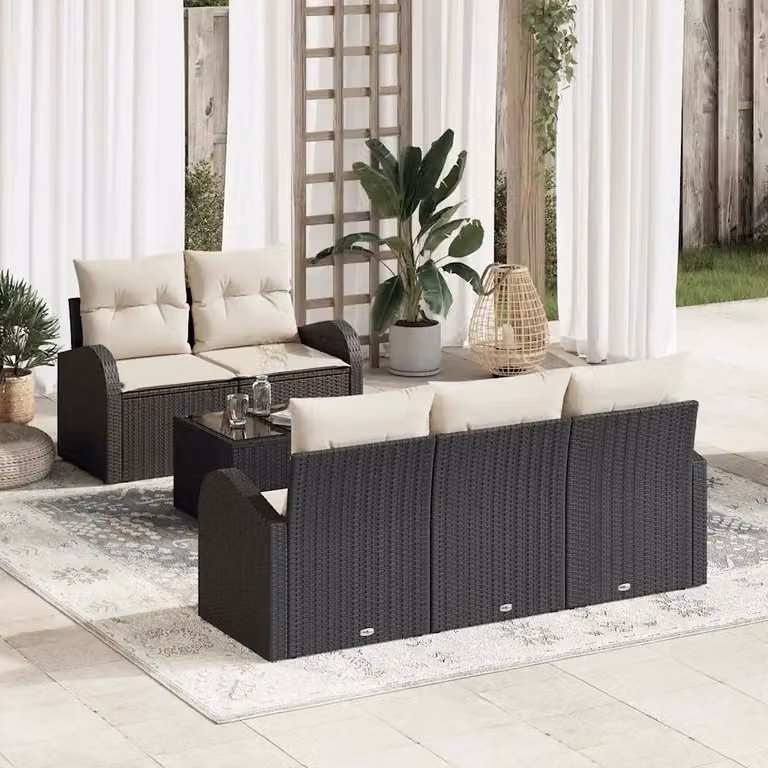 Set Divano da Giardino vidaXL 6 Pezzi Nero con Cuscini e Tavolino in Polyrattan e Metallo