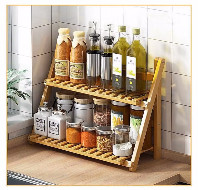 Omgoods - Scaffale portaoggetti per la cucina - Organizer multifunzionale in bambù a 2 ripiani