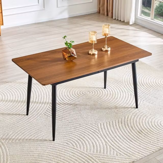 Tavolo da pranzo rettangolare con piano in MDF effetto noce e gambe in metallo nero inclinate