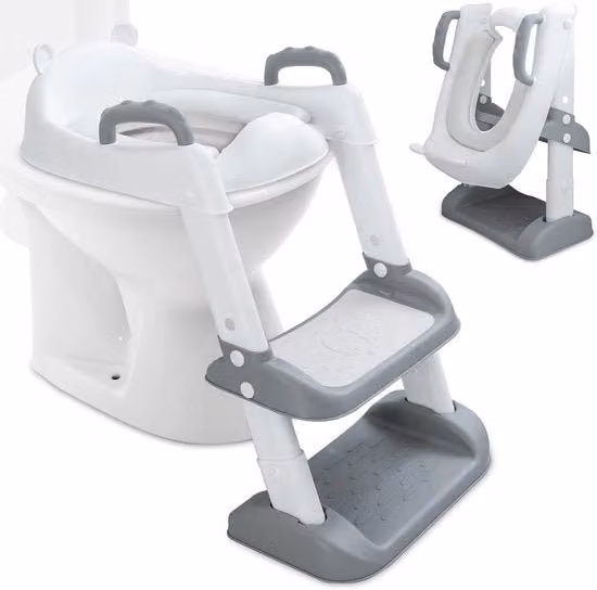 Toiletpotetto pieghevole con gradini e maniglie per bambini, regolabile in altezza, in plastica, disponibile in bianco o blu, L/P/H: 60 x 40 x 35 cm