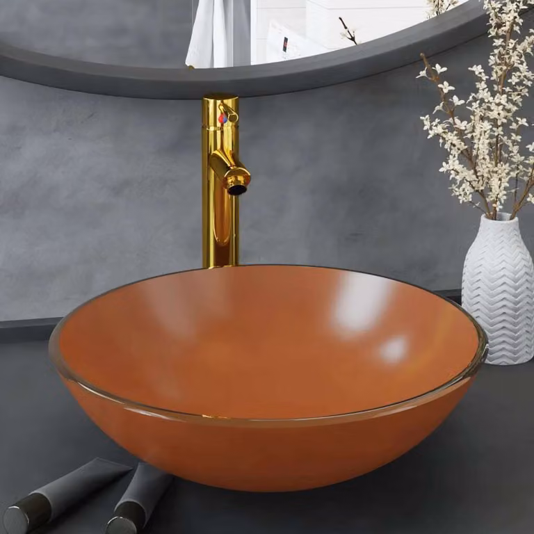 The Living Store Lavandino da bagno con rubinetto e scarico a scomparsa Vetro temperato marrone