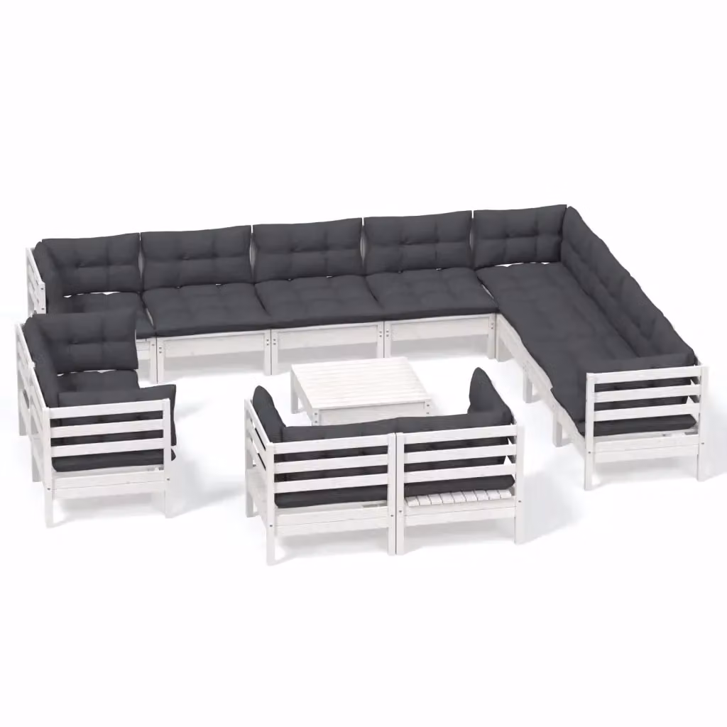Set di Divani da Giardino a Forma di U vidaXL in Legno di Pino con Cuscini Bianchi e Antracite – 2