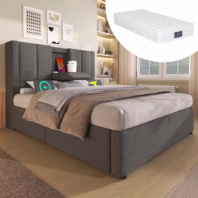 Letto imbottito-Xylo-90x200cm singolo porta-bicchiere USB idraulico lino grigio con materasso