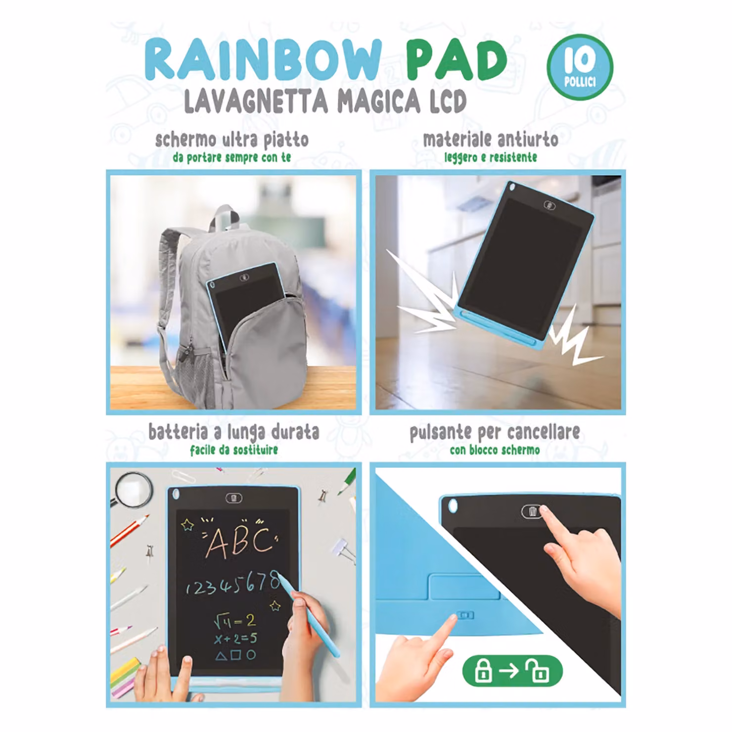 TU GIOCHI Rainbow Pad Lavagnetta Magica LCD 10 Pollici Multicolore con Penna per Disegnare e Colorare per Bambini dai 3 Anni in su – 3