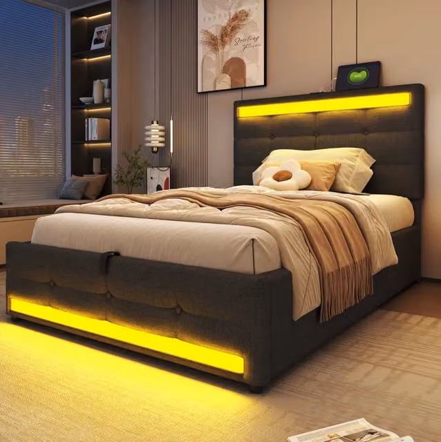 Letto singolo imbottito 90x200 cm con contenitore idraulico, LED RGB e doppia porta USB, grigio lino