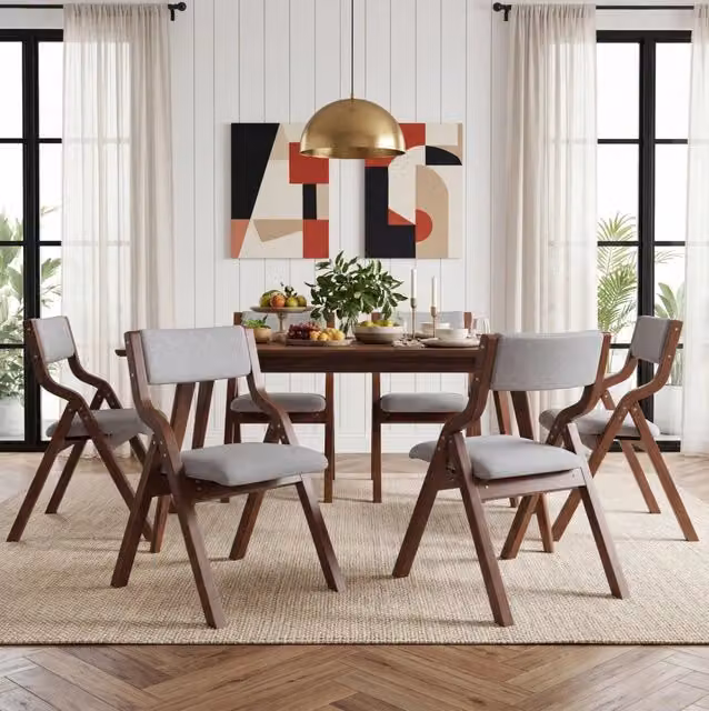 Set di 6 sedie da pranzo pieghevoli in legno massello e lino grigio