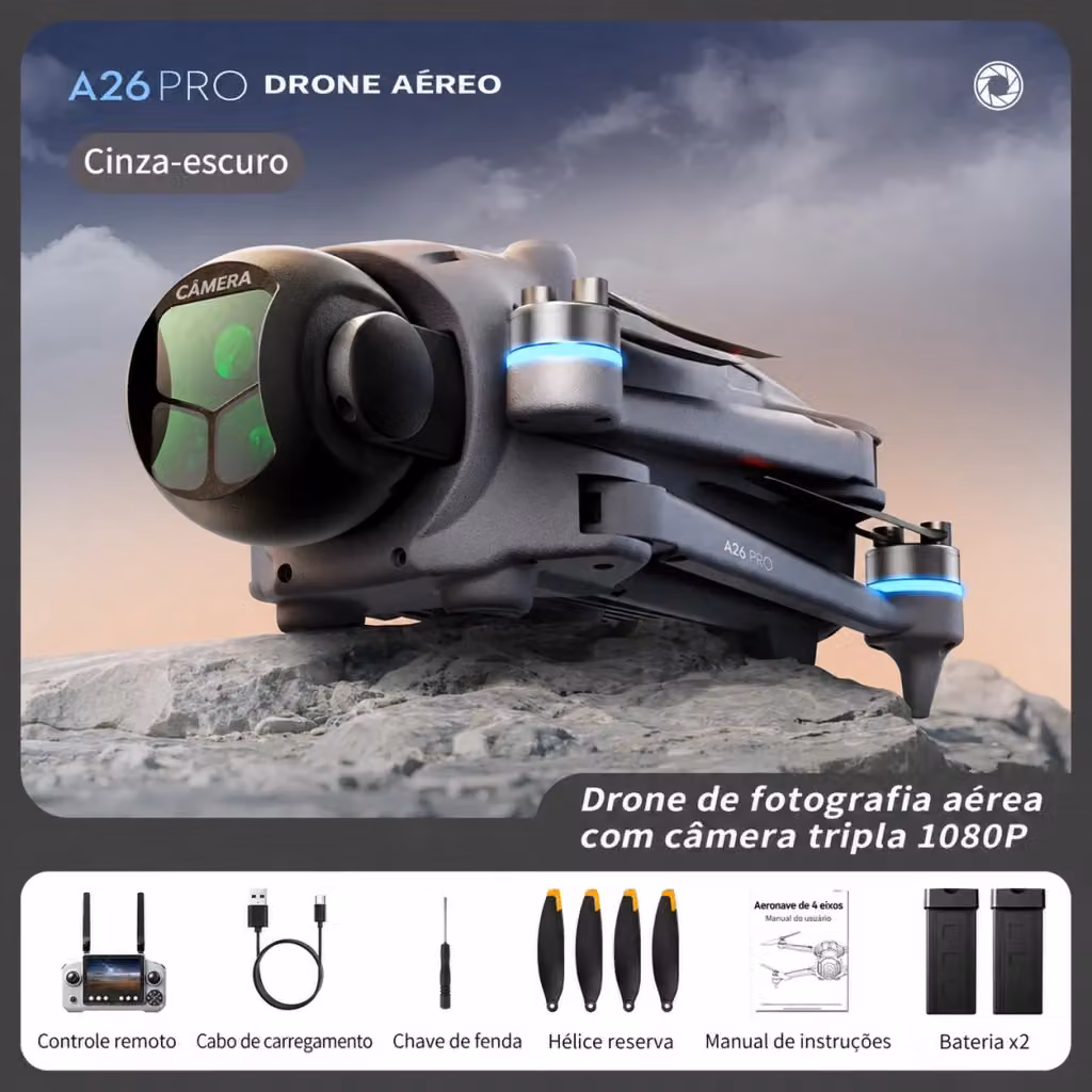 Drone pieghevole A26PRO con telecamera 1080P, GPS, sensore anti-collisione e 2 batterie, colore grigio – 2