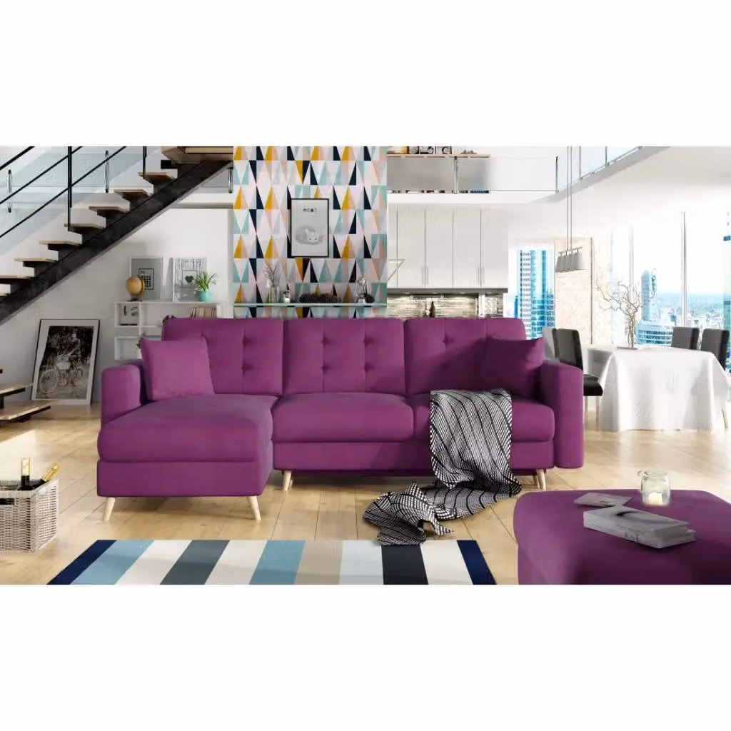 Divano angolare trasformabile MEUBLORAMA viola con funzione letto e struttura in legno L/P/H: 248 x 162 cm – 2