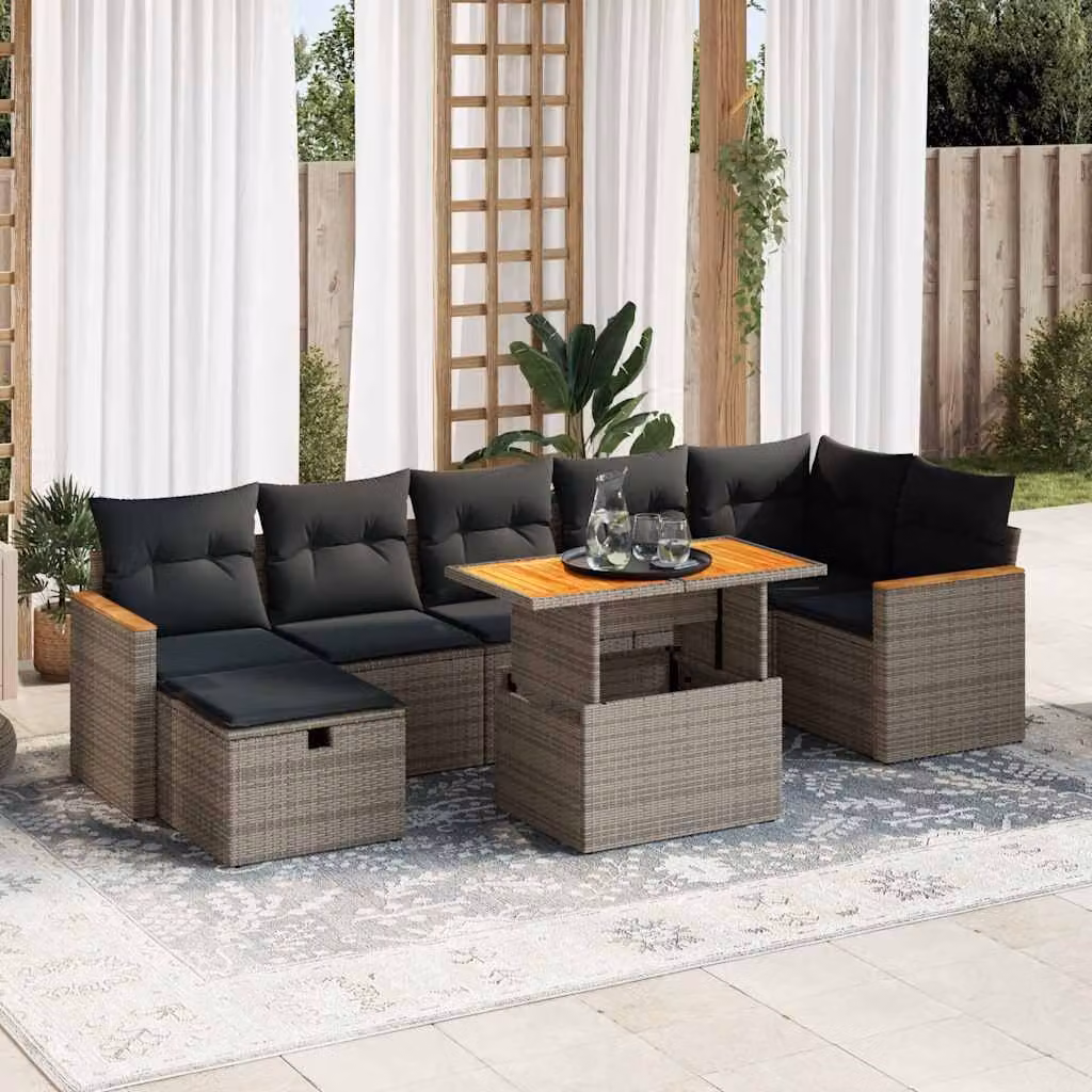 Set Divano da Giardino vidaXL 5 pz in Polyrattan e Legno di Acacia con Cuscini Grigio