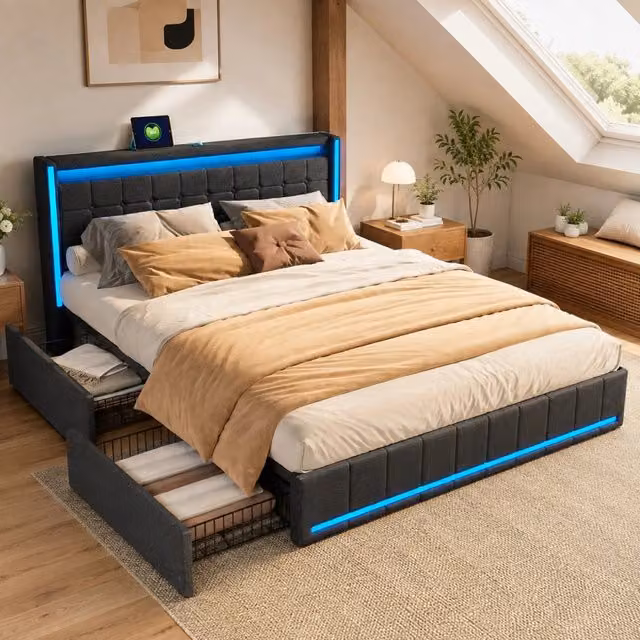 Letto matrimoniale con Contenitore 160x200 cm;letto imbottito 160x200 con 4 cassetti; LED e USB; rete a doghe;Grigio scuro; Lino;Senza Materasso
