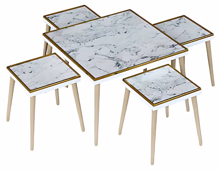 Eleganter weißer Couchtisch mit Beistelltischen aus Holz und Edelstahl