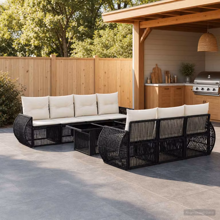 Set Divano da Giardino vidaXL a forma a U composto da 8 pezzi con tavolino, colore nero e bianco crema, in rattan e metallo con cuscini inclusi