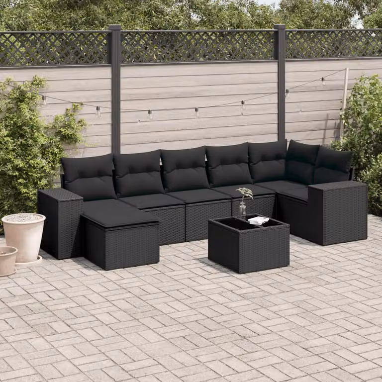 vidaXL Set Divani da Giardino a L con Cuscini 8 pz Nero in Polyrattan e Metallo