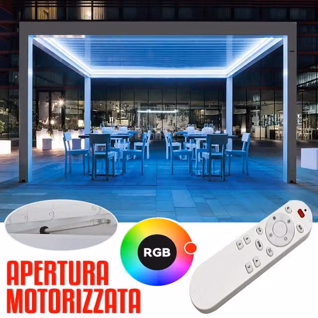 Pergola bioclimatica in alluminio con apertura lamelle motorizzata e impianto LED RGB, colore Bianco, L: 400 cm x P: 400 cm x H: 120 cm – 1