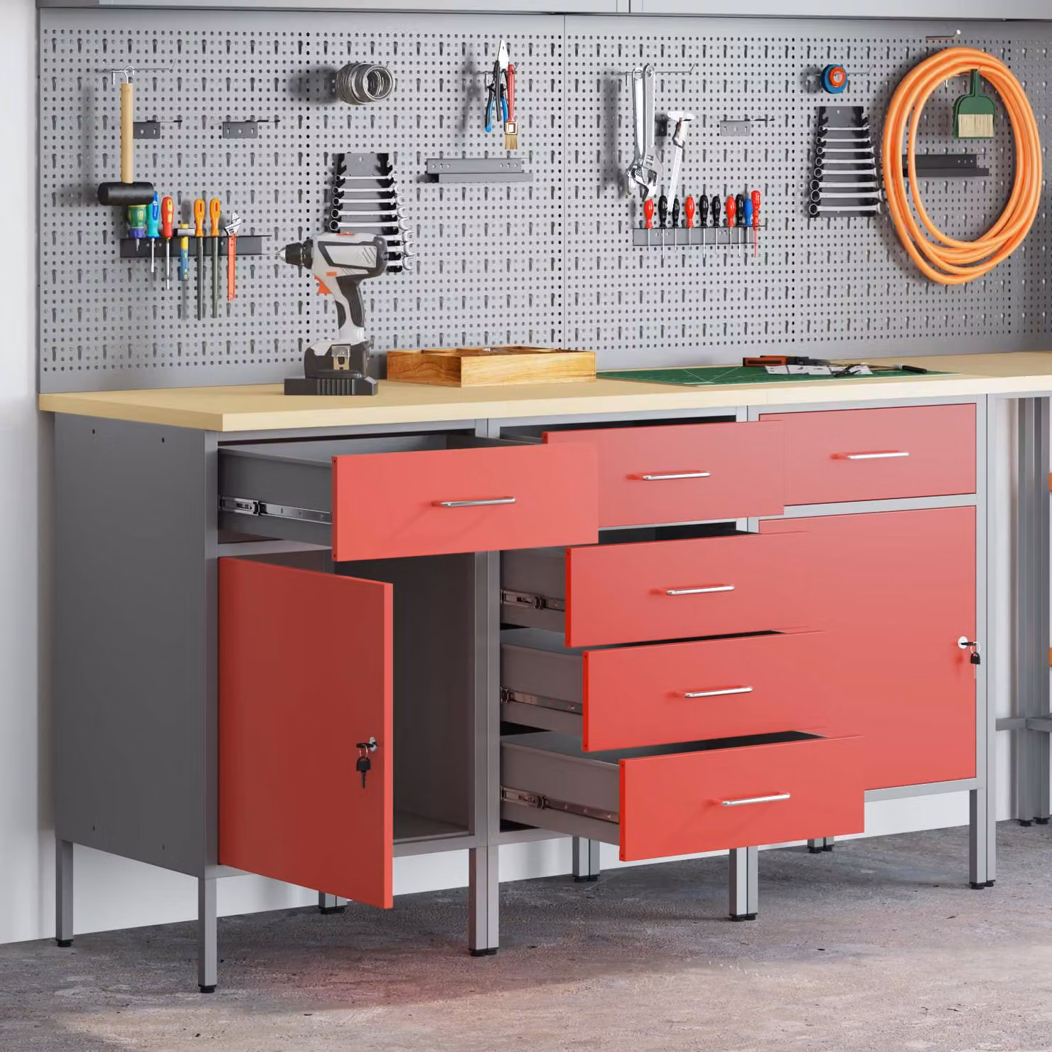 Set di 3 carrelli da lavoro mobili vidaXL in acciaio e legno, Rosso e Grigio, L 150 cm x P 55 cm x H 85 cm