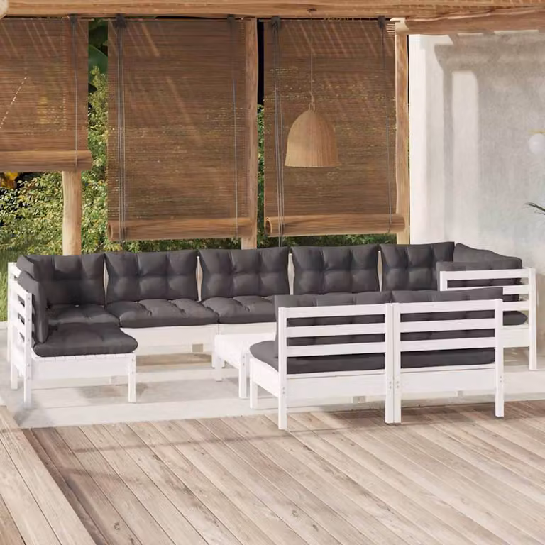 vidaXL Set Divani da Giardino 10 pz in Legno di Pino con Cuscini Bianchi e Antracite