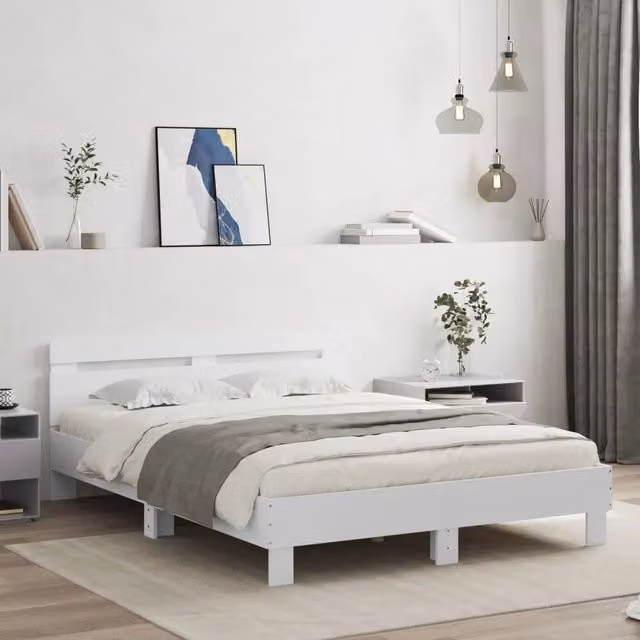 Letto con testiera e illuminazione LED vidaXL, colore bianco, con porte di ricarica USB e doghe in legno, L/P: 150 x 200 cm
