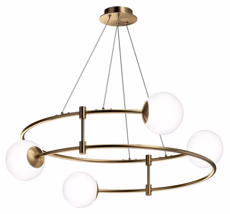 Lampadario Minimal Balance In Metallo Oro 4 Luci E Diffusori Sferici Bianchi