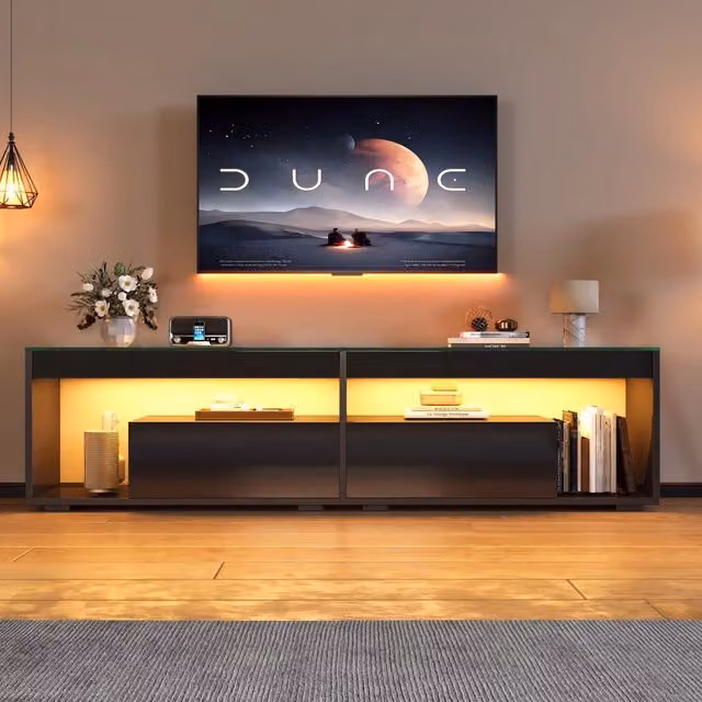 Mobile TV LED REDOM Nero in Truciolare e Vetro Temperato con Illuminazione Integrata L: 180 cm, P: 40 cm, H: 46 cm
