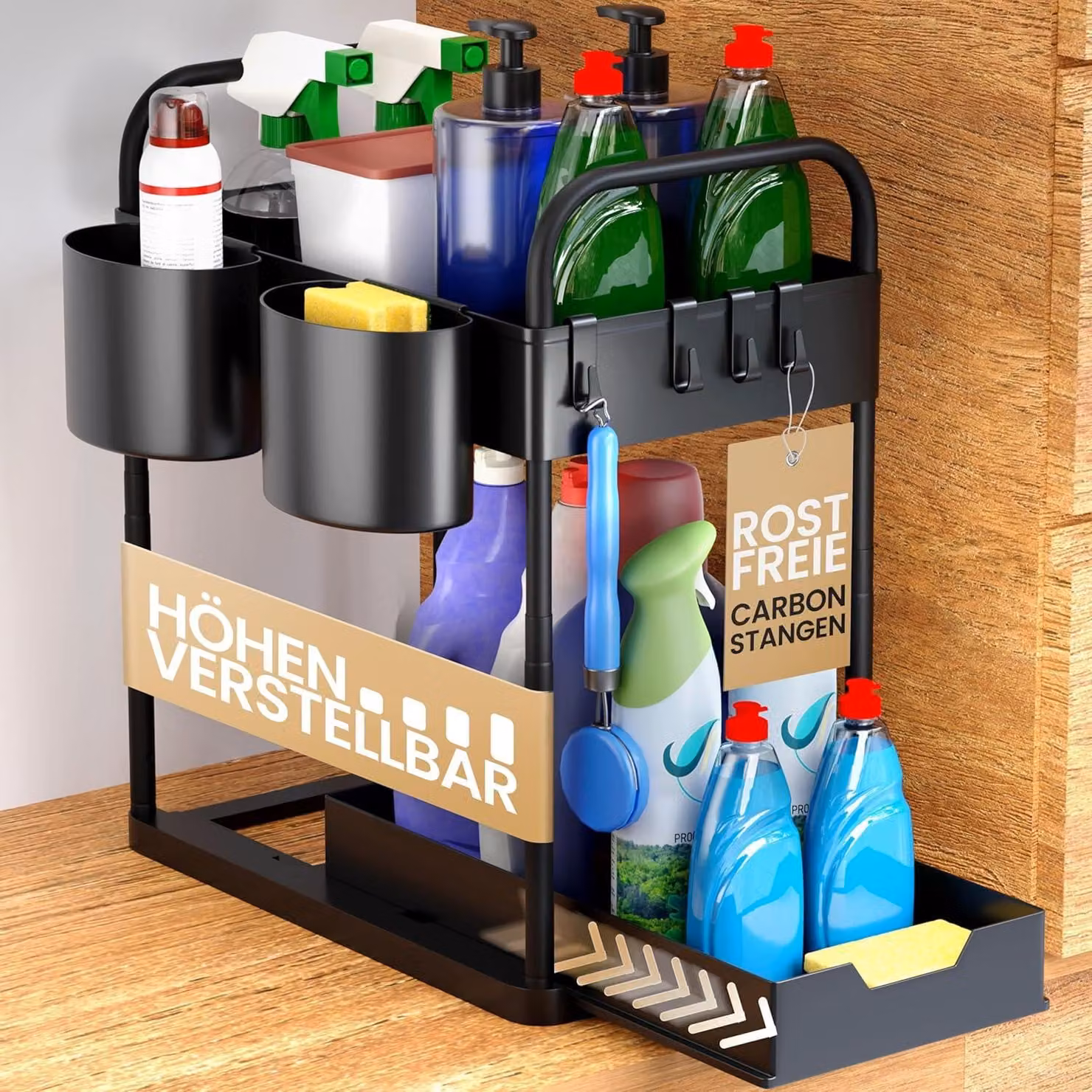 Scaffale base - Organizzatore per cucina - 2 ripiani - Nero - Regolabile