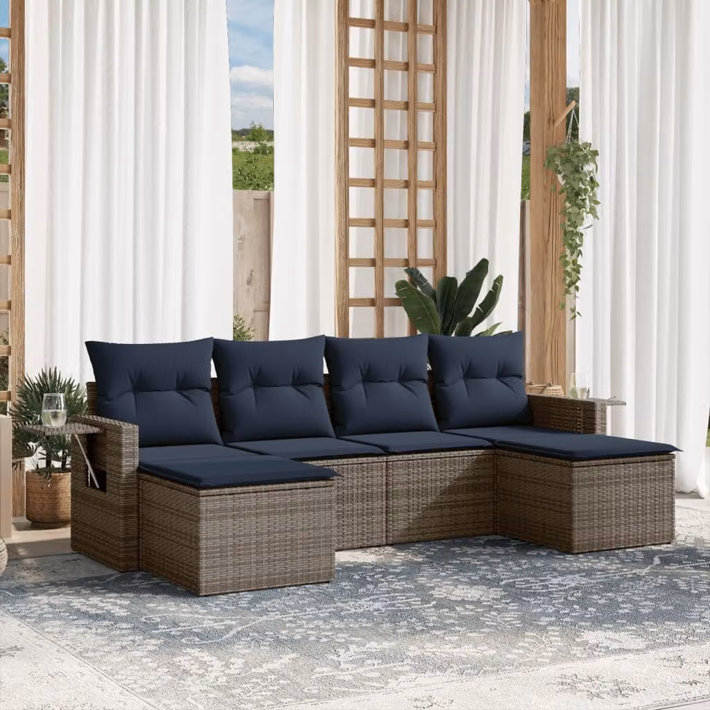 Set Divani da Giardino vidaXL 6 pz in Polyrattan con Cuscini Grigio e Blu con Struttura in Metallo e Forma a L