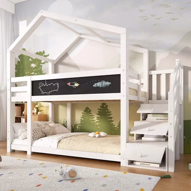 Letto a castello per bambini 90 × 200 cm 2 posti con scala contenitore e lavagna, senza materasso, in legno bianco