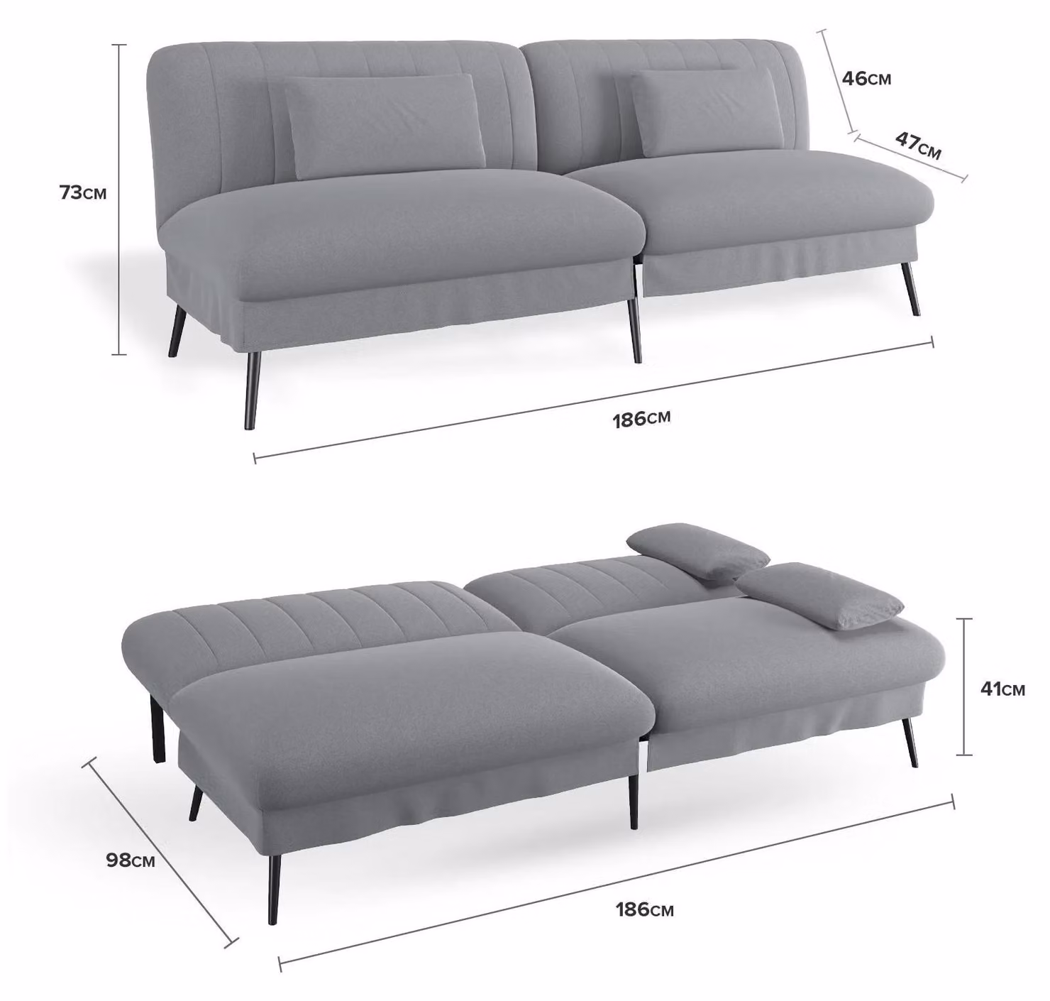 Divano letto - Divano pieghevole 2 in 1 - A L - 2 posti - Struttura in metallo - Rivestimento in tessuto - Design moderno - 186×47×73 cm - Grigio