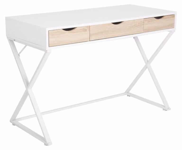 Scrivania con 3 cassetti, realizzata in MDF e acciaio, colore bianco e legno | Dimensioni: 110x50x75 cm
