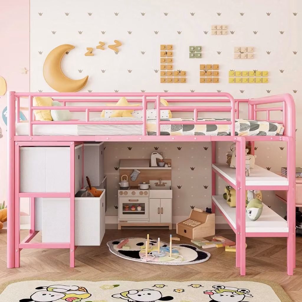 Letto a soppalco per bambini rosa con scala, ripiani laterali e cassetti in metallo e MDF, L/P/H: 207 x 90 x 150 cm – 2