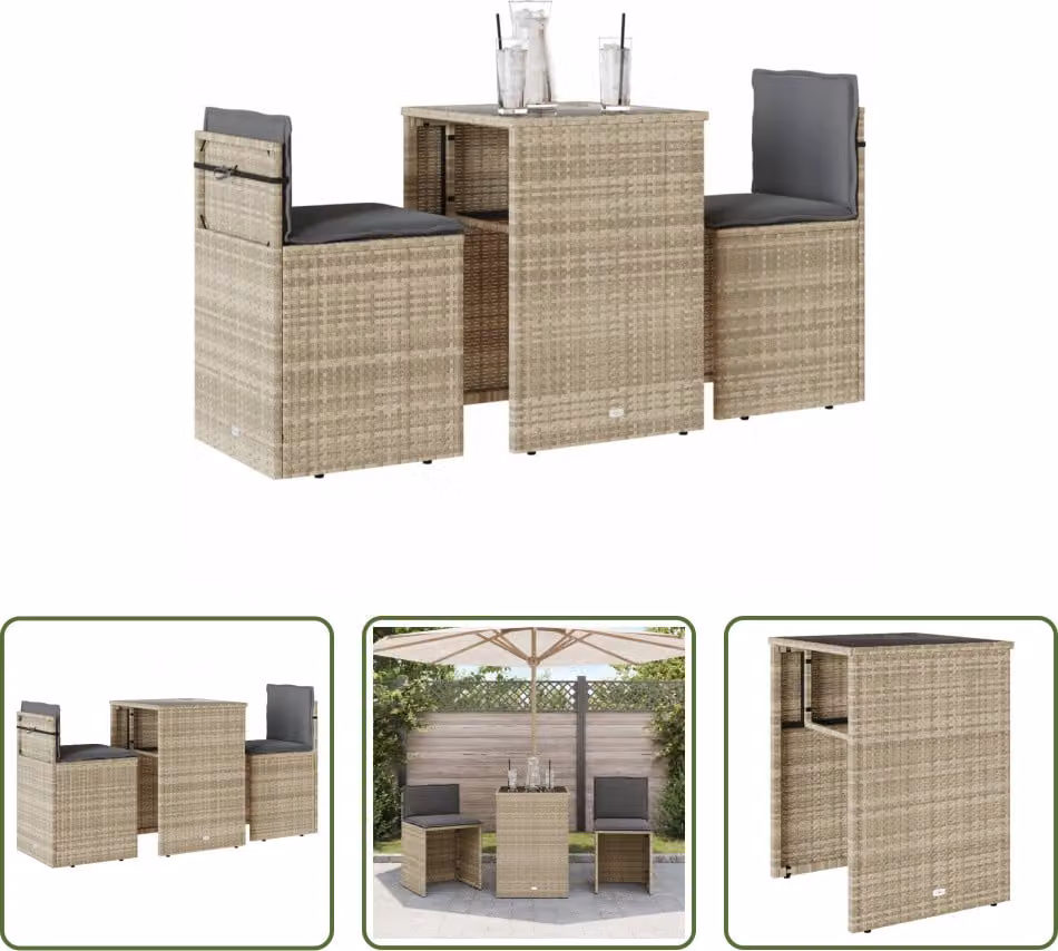 The Living Store Set bistrot 3 pezzi con cuscini in poly rattan grigio chiaro