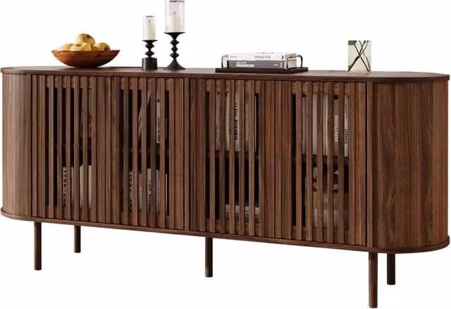 Credenza moderna con 4 ante scorrevoli traforate e ripiani regolabili per soggiorno o sala da pranzo, in MDF color noce, L: 160 cm, P: 40 cm, H: 70 cm – 1