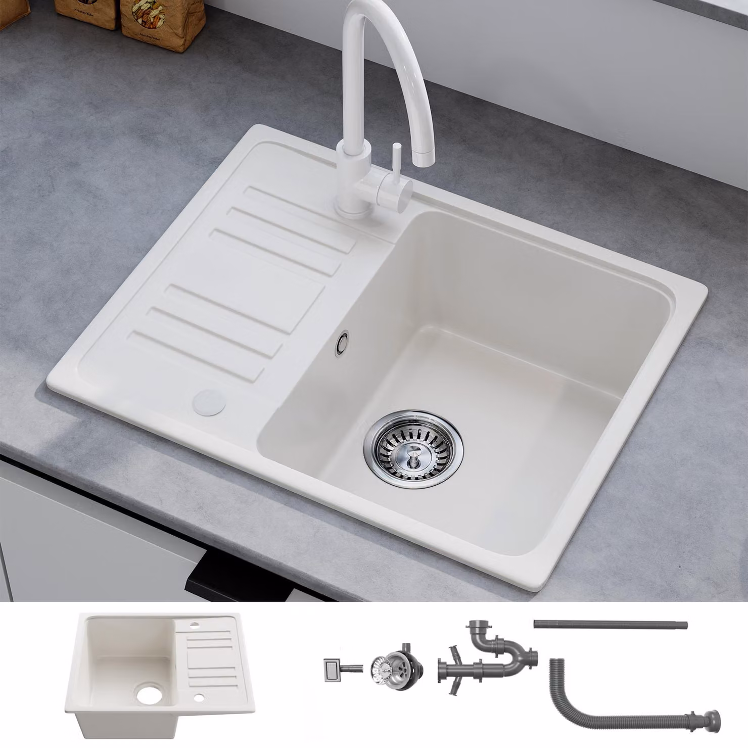 HOROW Lavello da cucina in granito bianco - Lavello da incasso a 1 vasca con installazione reversibile, lavello con scarico a sifone e troppopieno 57 x 45 cm