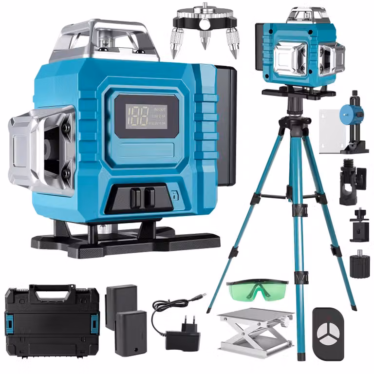 Livella laser 4D - 16 linee - Autolivellamento a 3° - Linee a 360° - Completa di treppiede - Colore blu