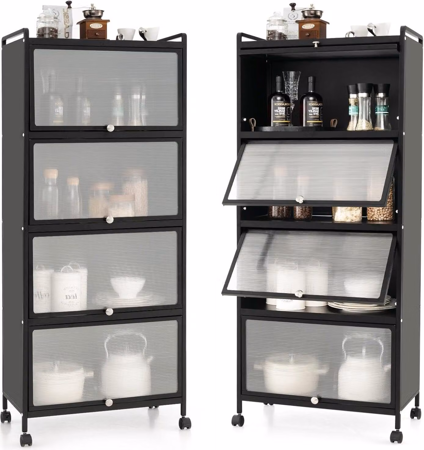 Mobile contenitore a 5 ripiani con ante, credenza con rotelle, sistema antiribaltamento e chiusura magnetica, cassettiera per soggiorno e ufficio (nero)