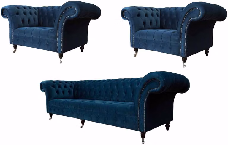 Blaue Chesterfield Sofagarnitur Couch Polster Set Sitzgarnitur 3+1+1