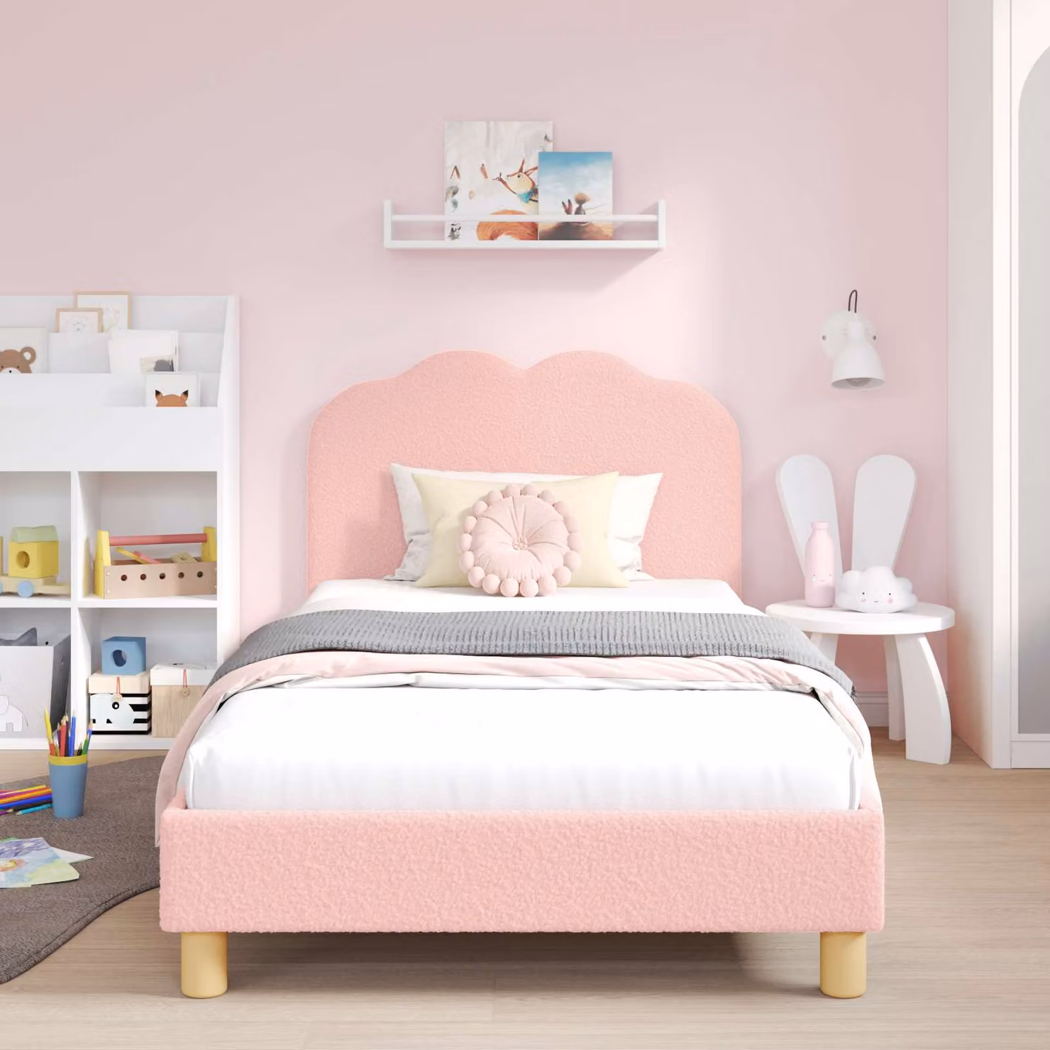 Struttura letto per bambini vidaXL con testata in tessuto bouclé rosa, L/P/H: 190 x 90 x 85 cm