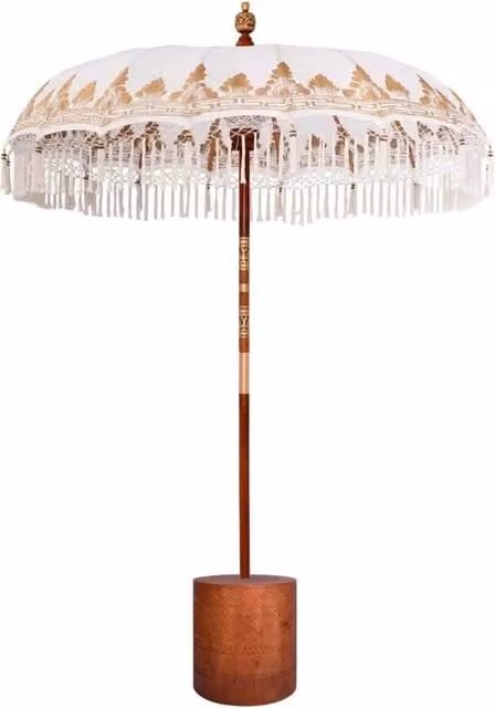 Ombrello balinese con base Videx in legno e cotone, colori beige, marrone e bianco, Ø 190 cm