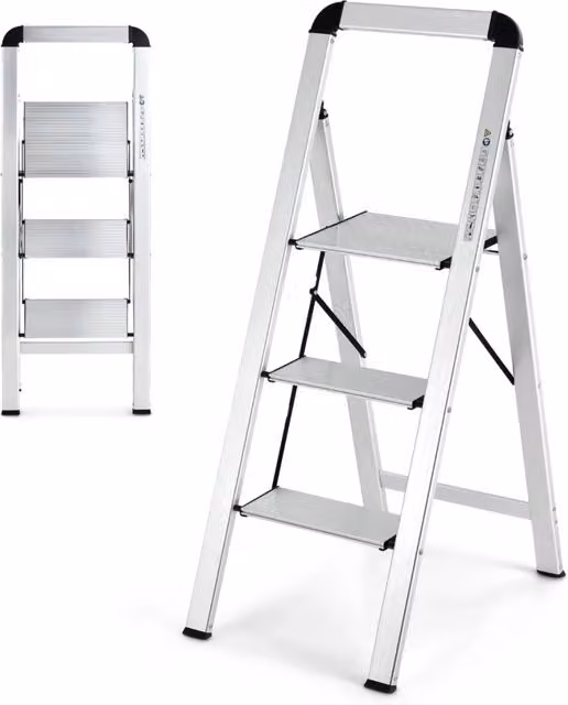 Sgabello pieghevole 3 gradini 62 x 44 x 109 cm leggero e robusto antiscivolo in alluminio argento 20_0020564