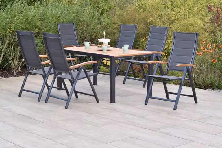 Set di mobili da giardino Merxx Paxos, 7 pezzi, 6 sedie pieghevoli, tavolo 150 x 90 cm – alluminio/acacia/tessuto